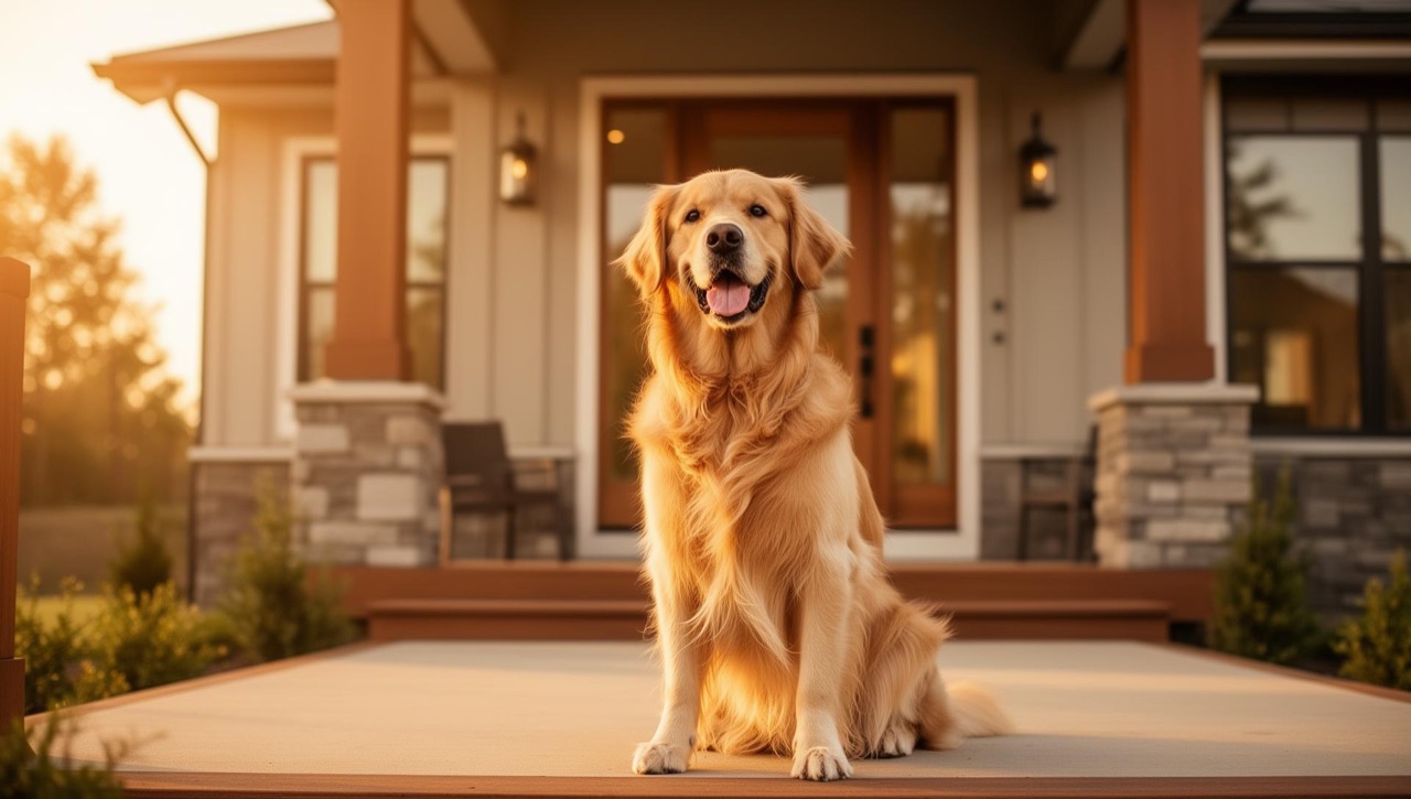 Cachorro feliz em frente a uma casa alugada